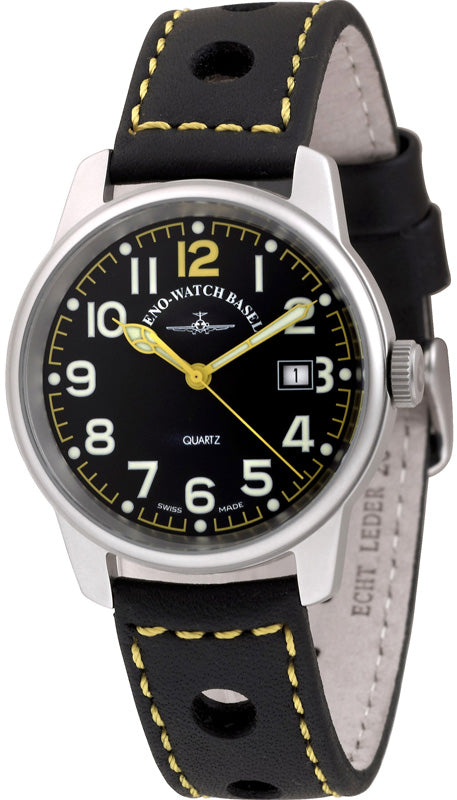 ZENO-WATCH BASEL, Pilot Classic, Fliegeruhr Edelstahl schwarz/gelb