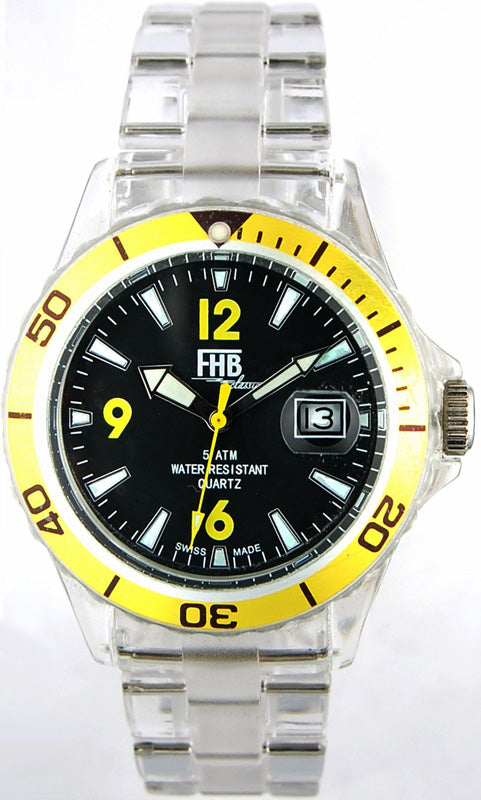 FHB Fun Watch, Opaque Quartz Uhr mit Gliederarmband schwarz/gelb