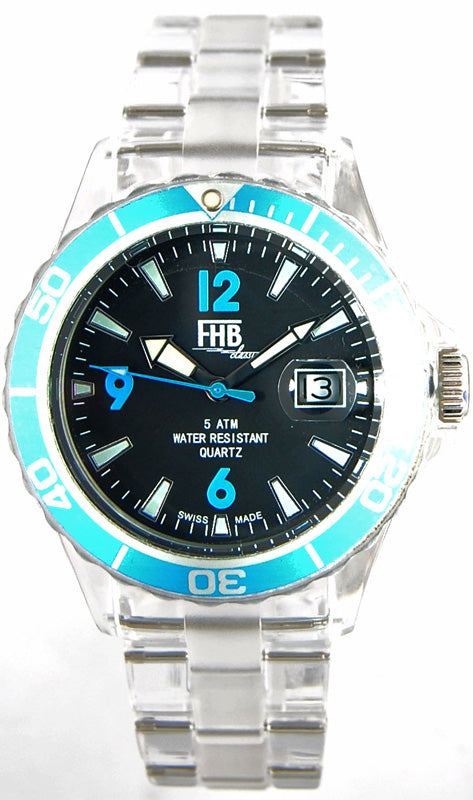 FHB Fun Watch, Opaque Quartz Uhr mit Gliederarmband schwarz/türkis