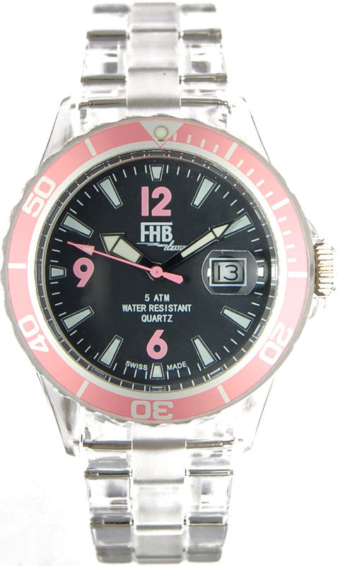 FHB Fun Watch, Opaque Quartz Uhr mit Gliederarmband schwarz/rosa